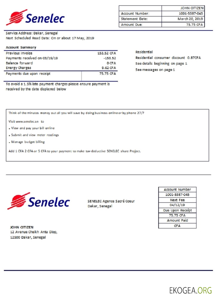 Senegal Senelec Agence Sacré Coeur Company electricity utility bill template in Word and PDF format